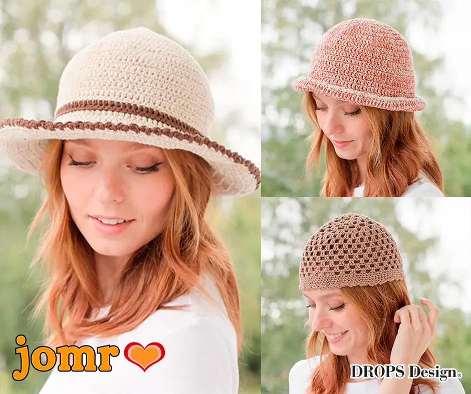 Three crochet summer hats in cotton yarn with shade and summery details.
