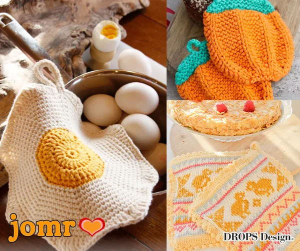 gehäkelte und gestrickte Topflappen in Form von Eiern, Kürbissen und mit Ostermotiven