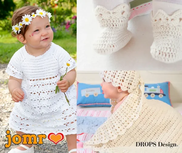 Ein Kind in einem gehäkelten Taufkleid, Taufschuhe und eine Babydecke dort