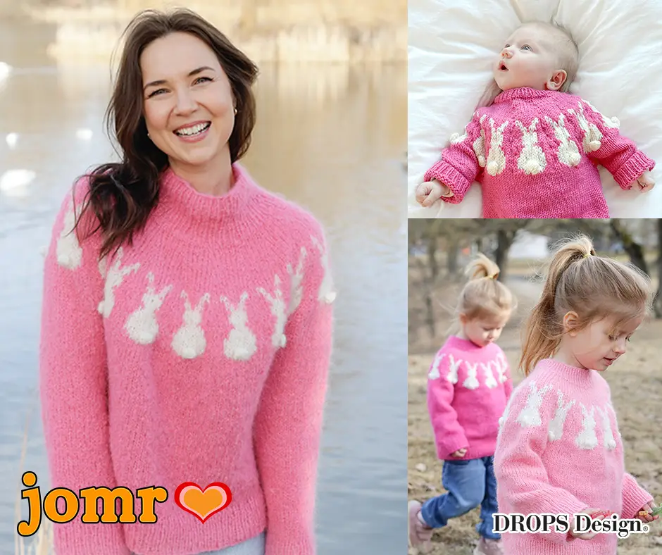 Passende gestrickte Häschen-Shirts für Babys, Kinder und Erwachsene mit weißen Häschen im Strickmuster über der Passe auf rosa Hintergrund.
