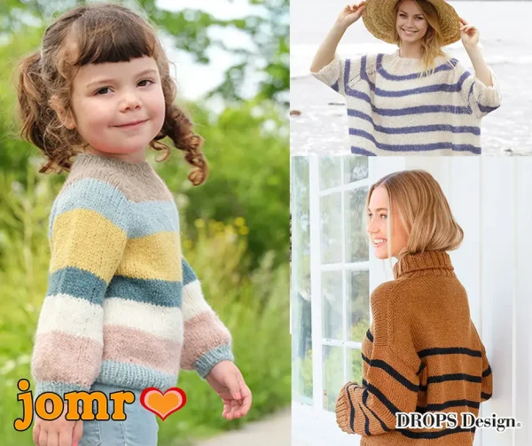 ein Kind und zwei Frauen, die alle gestreifte Pullover tragen