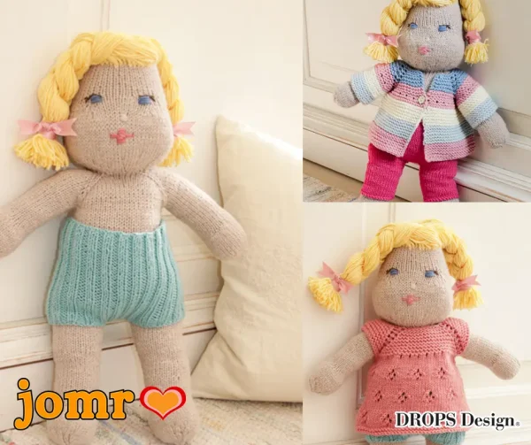 eine gestrickte Puppe mit gestrickter Kleidung für