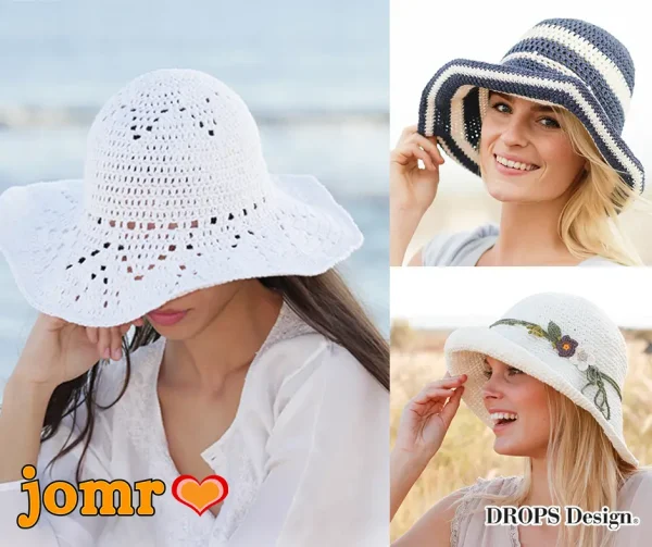 Gehäkelte Sommerhüte mit breiter Krempe aus Baumwollgarn für sonnige Sommertage.