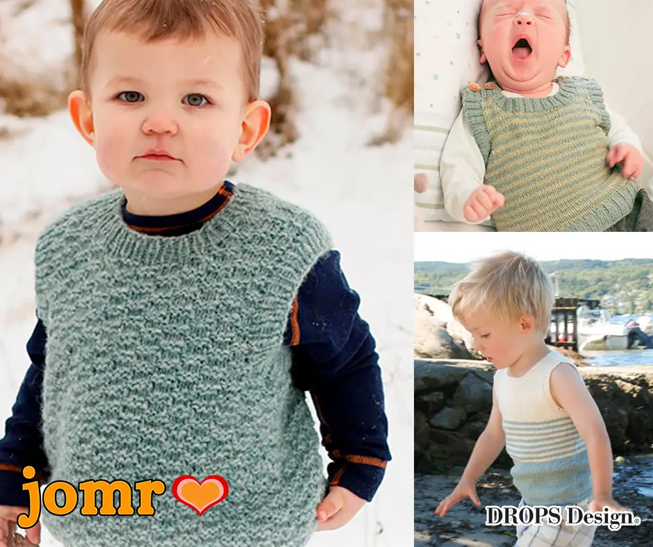 Strikkede veste til baby og børn med snoninger, rib, striber og strukturmønster i størrelser fra baby til 12 år.