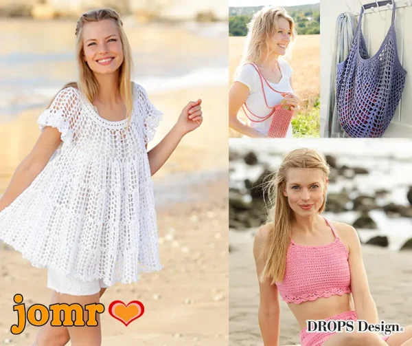 Crocheted beach projects including summer hats, bags, tunics, shorts, bikinis and accessories for holidays and the beach