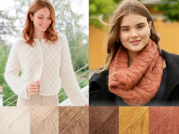 Silkegarn i brun og beige, gul og orange farver