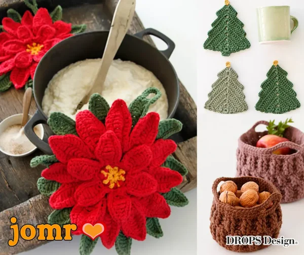 Crocheted Christmas decorations for the kitchen, featuring Christmas trees, a gingerbread house, a poinsettia, baskets and a placemat for the Christmas table