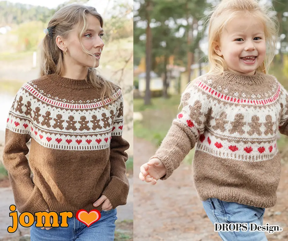 strikkede julesweatre til børn og voksne med matchende designs, rundt bærestykke, bør og småkagemænd