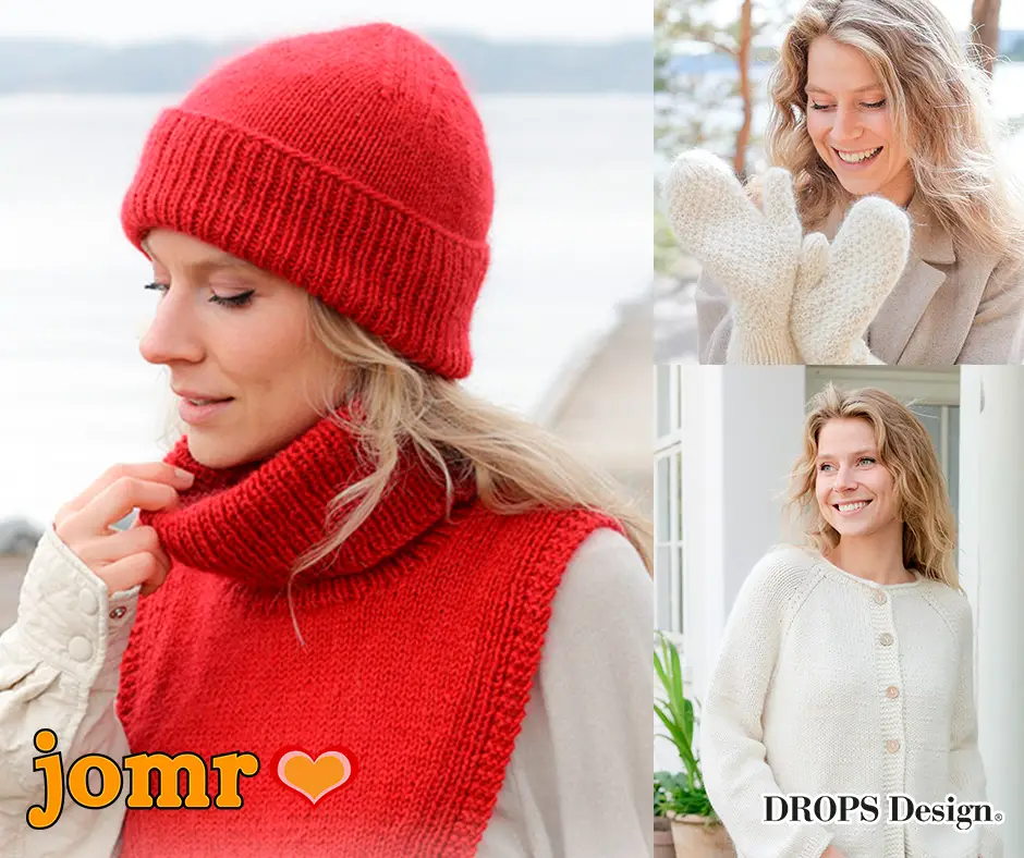strikkeopskrifter med Drops Lima og Drops Kid Silk til bluse, cardigan, huer, halsvarmer, luffer og nederdel