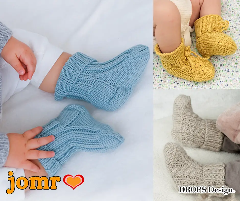 strikkede babytøfler, babysko og babysokker med rib, snoninger, hulmønster, silkebånd og fine detaljer til baby